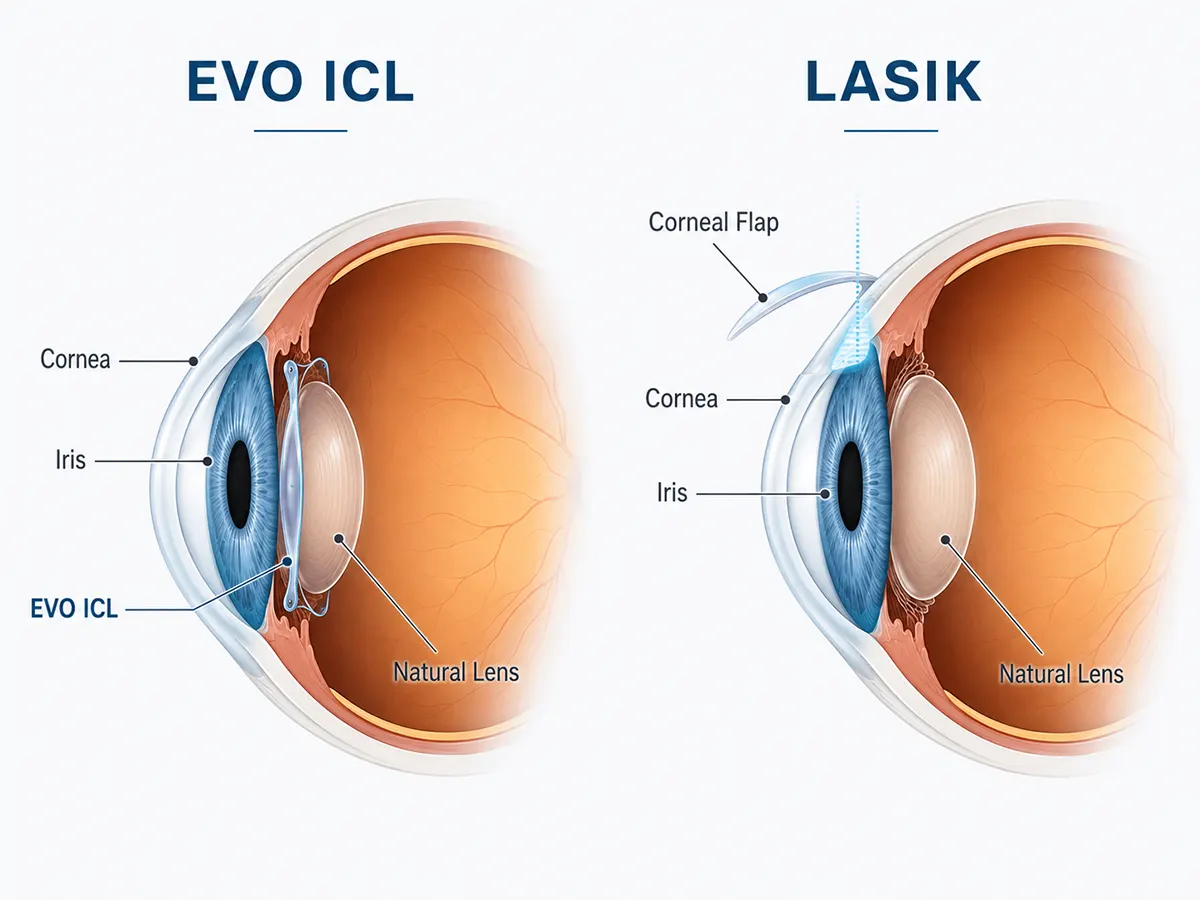 Cross-section diagram of the eye showing EVO ICL placement: positioned behind the iris and in front of the natural lens, with the cornea preserved intact