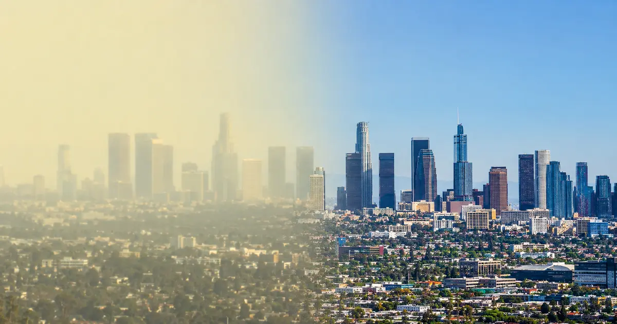 Split image comparing blurred and clear views of the Los Angeles skyline, illustrating cataract symptoms